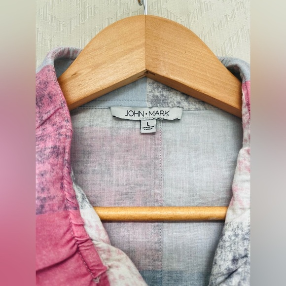 John Mark Button Front Patchwork Top Tilted Pockets Wired Collar Multicolor L - Picture 3 of 7